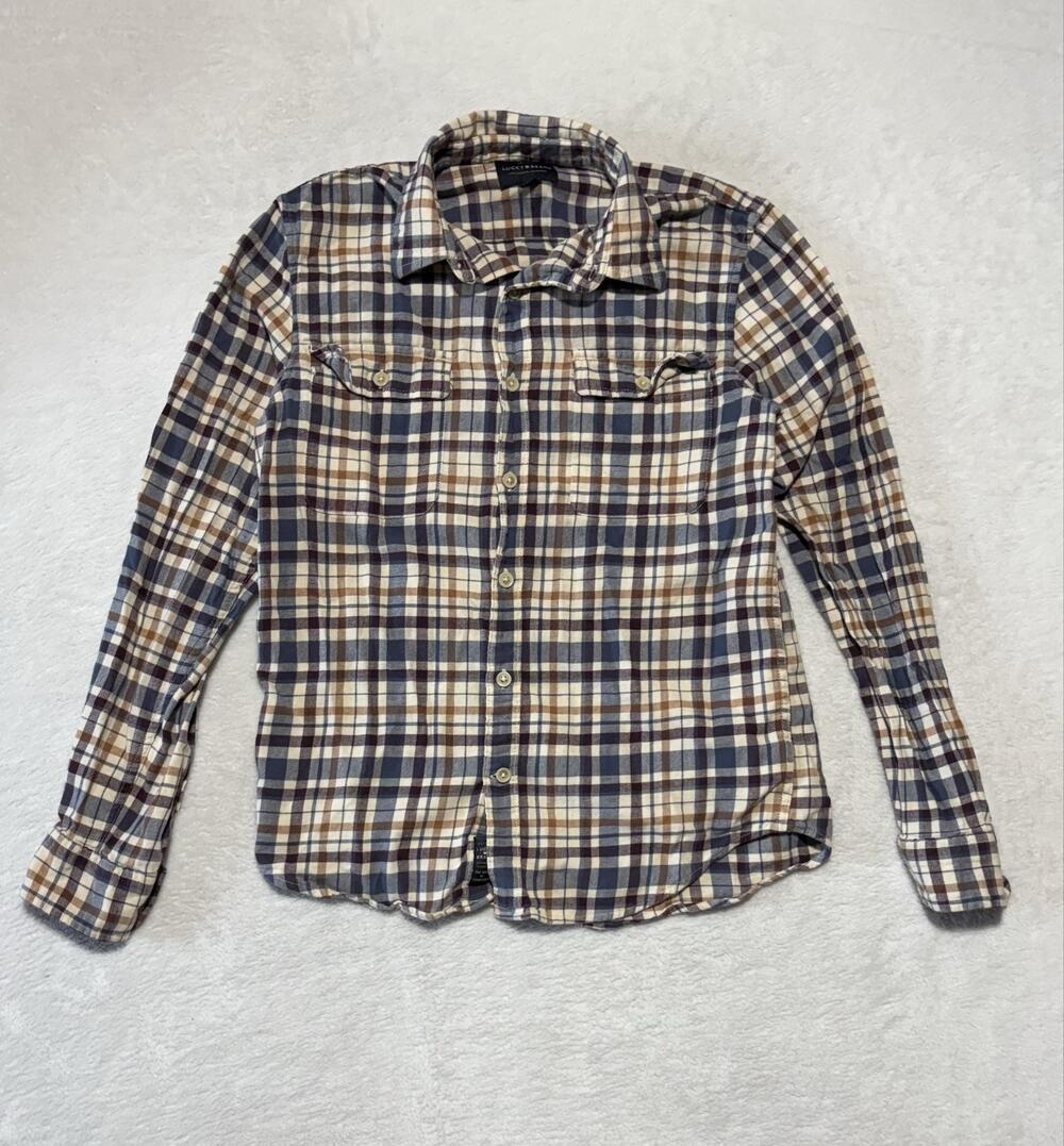 Lucky Brand Shirt Womens S Blue Brown Plaid Long Sleeve Button Up Flannel Casual
